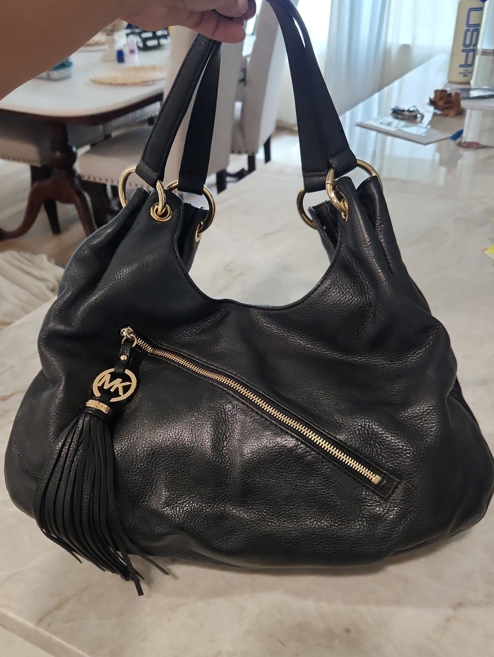 Michael Kors Black Leather Shoulder Bag with Tassel Charm